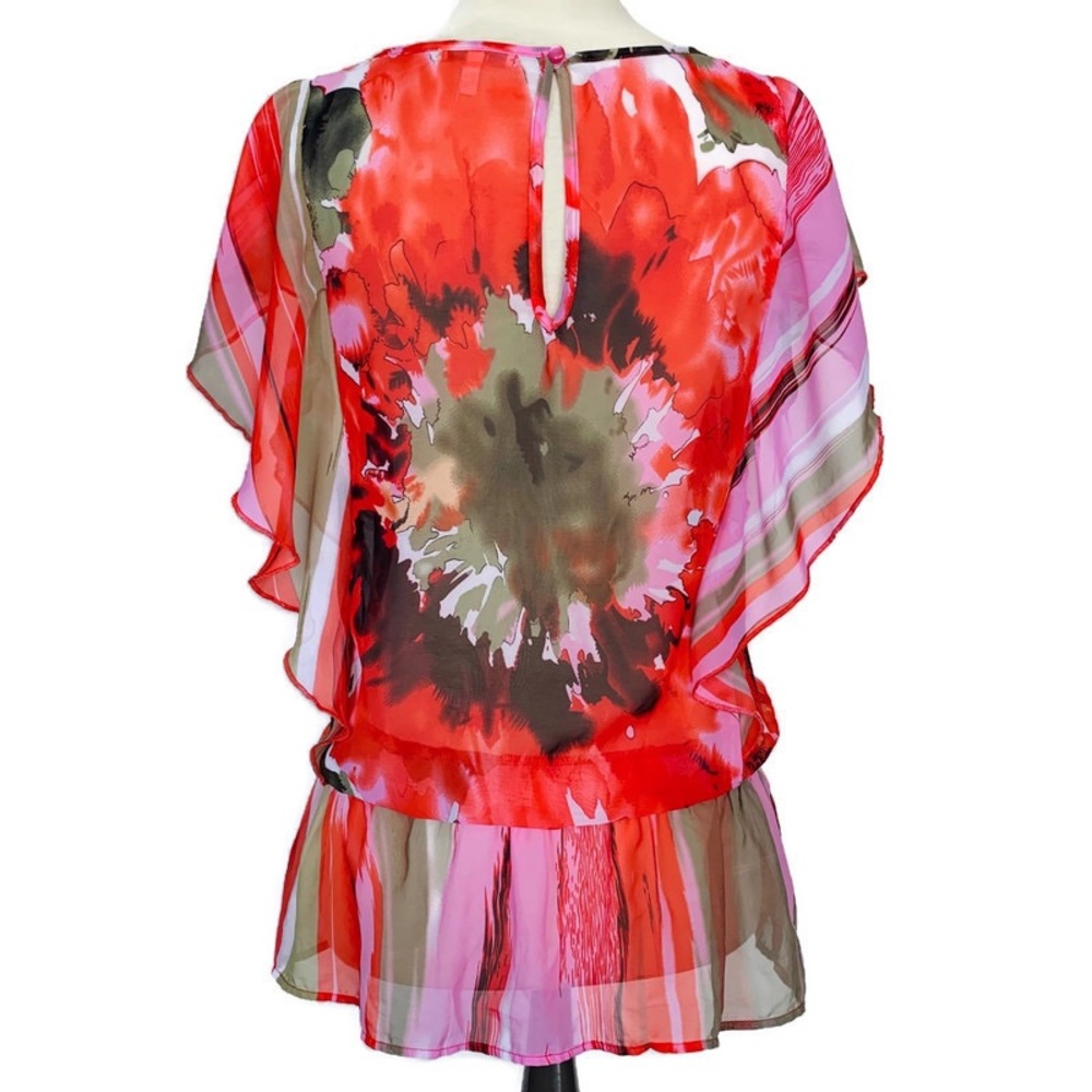 Halo Watercolor Floral Sheer Chiffon Blouse Flutter Sleeve Resort Fun Boho Top M - Picture 4 of 7